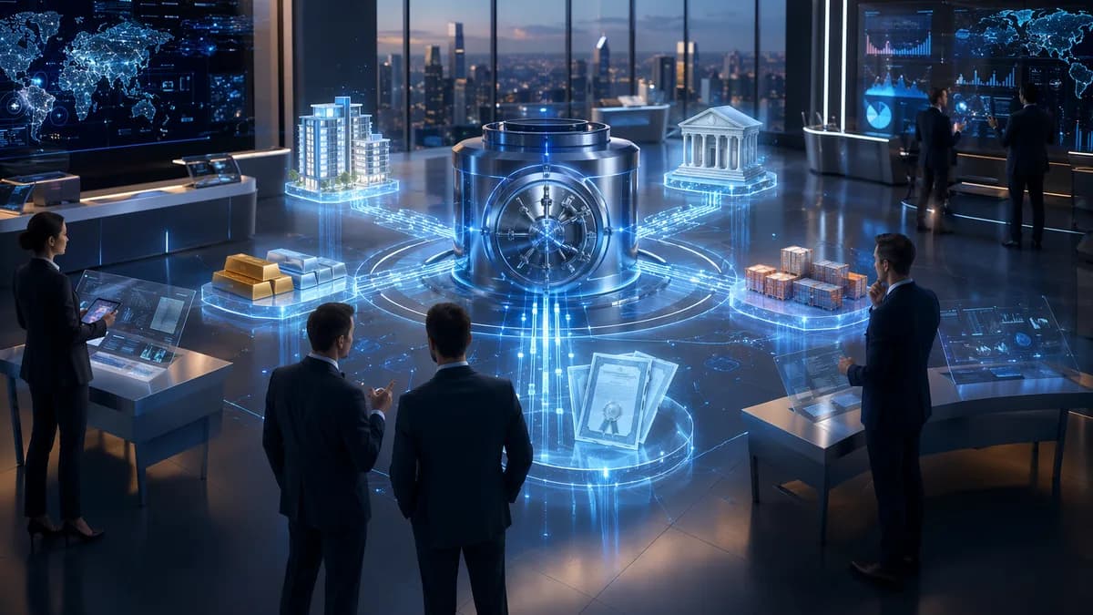 Futuristic fintech infrastructure hub visualizing tokenized assets and acquisition strategy.