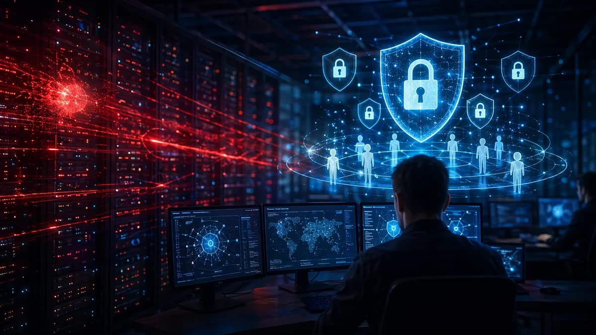 Dark server room under cyberattack with glowing shields, locks, and code matrix symbolizing data protection.