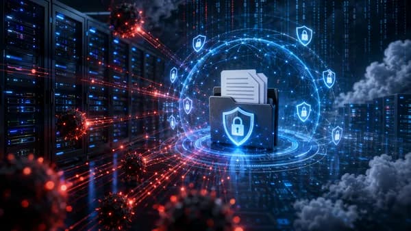 Cyberattack on a corporate document server with shields, locks, and glowing data streams.