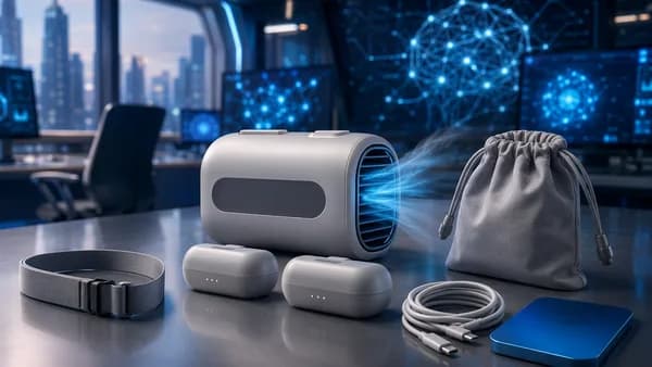 Unbranded portable cooling system bundle on a futuristic tech desk with cool blue airflow accents.
