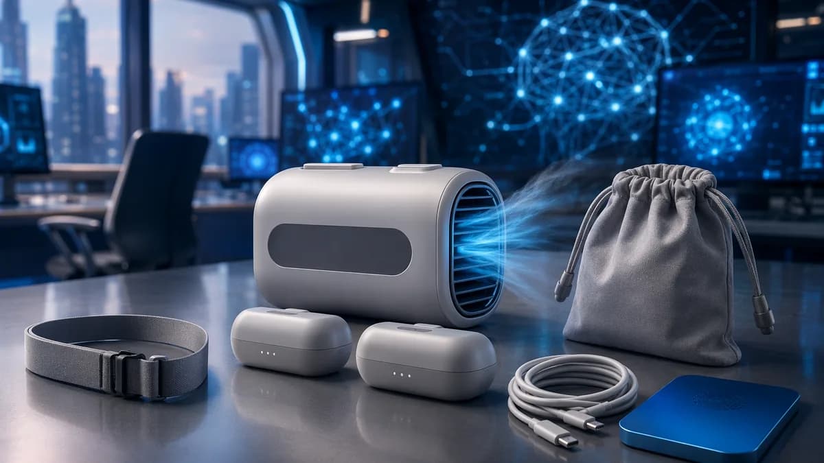 Unbranded portable cooling system bundle on a futuristic tech desk with cool blue airflow accents.