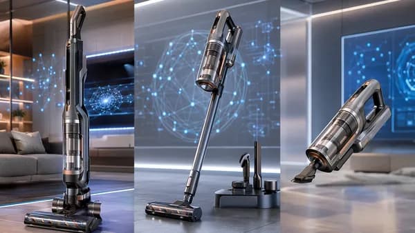 Futuristic modular cordless vacuum transforming into upright, stick, and handheld models in a tech workspace.