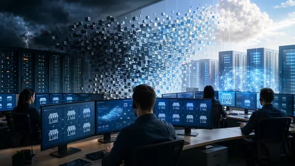 Retail IT systems migrating virtual servers from legacy infrastructure to cloud in a futuristic operations center.