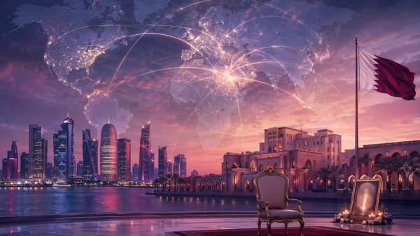 Doha skyline with memorial glow, world map overlay, and global connection arcs for a Qatar leadership news story.