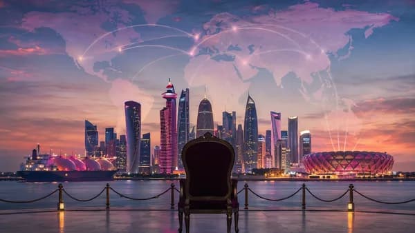 Solemn Doha skyline with global connections symbolizing Qatar’s geopolitical rise and Sheikh Hamad’s legacy.