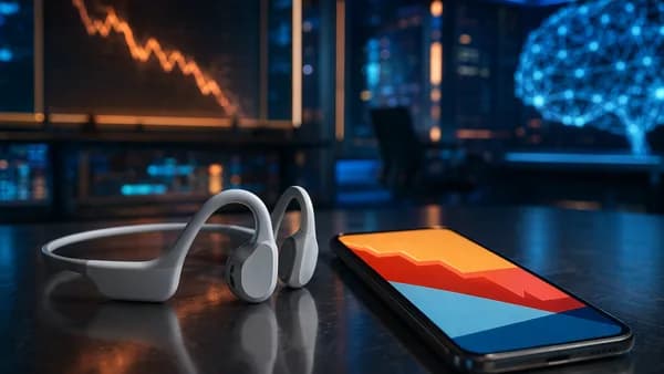 Open-ear sport headphones on a futuristic desk with abstract deal visuals and cinematic tech lighting.