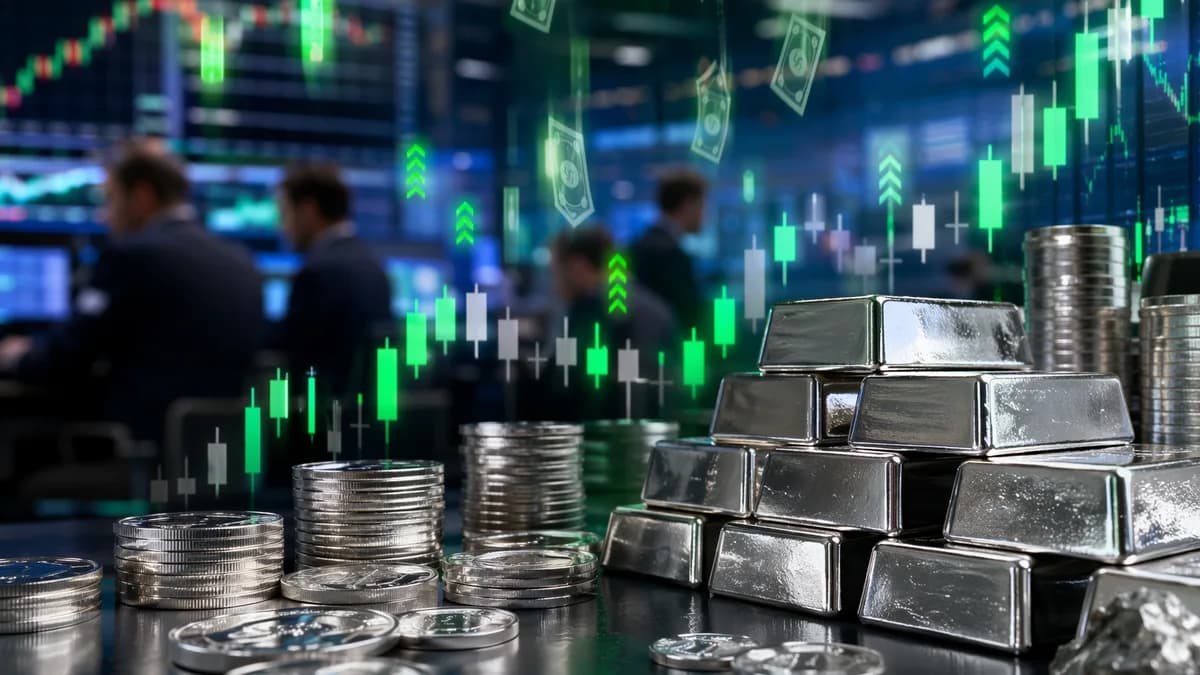 Silver bars on a modern trading desk with market charts and traders in the background.