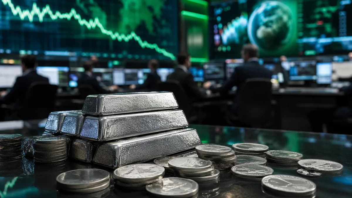 Silver bars on a trading desk with abstract falling market charts and muted safe-haven demand mood.