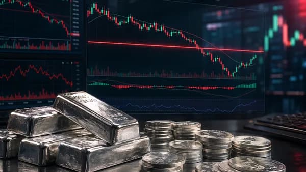 Silver bars on a trading desk with bearish market charts and cinematic financial data visuals