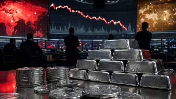 Silver bars on a cautious trading desk with downward market charts and tense cinematic lighting
