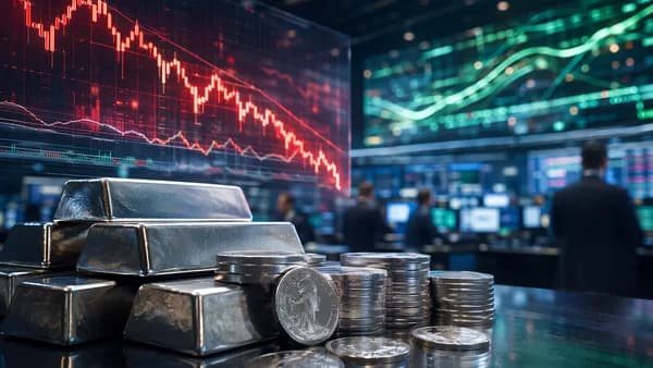 Silver bars on a trading floor with falling market charts and data screens.