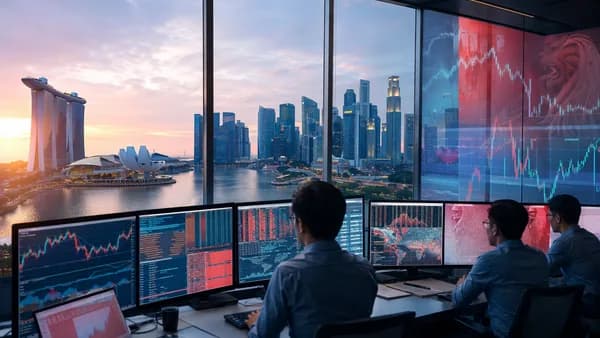 Singapore trading desk with skyline, market charts, and cautious currency policy mood