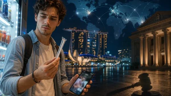 Singapore vending machine straw incident shown with court and global news symbolism