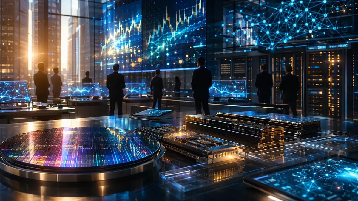 AI-era chip investment scene with memory wafers, trading floor screens, and futuristic data infrastructure.