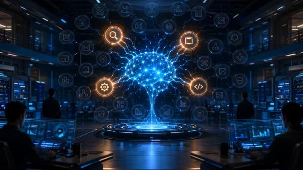 AI network selectively activates tools in a futuristic enterprise workspace, showing efficient agent processing.