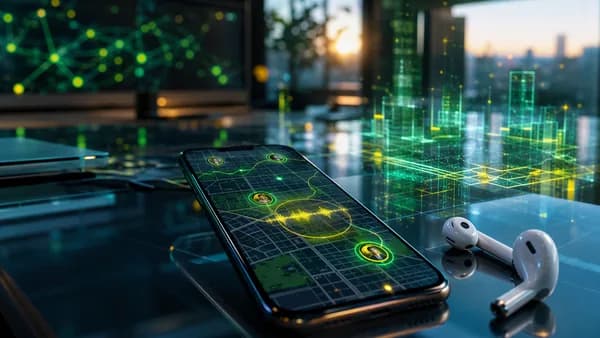 Smartphone showing abstract live map and music sharing visuals in a futuristic tech workspace