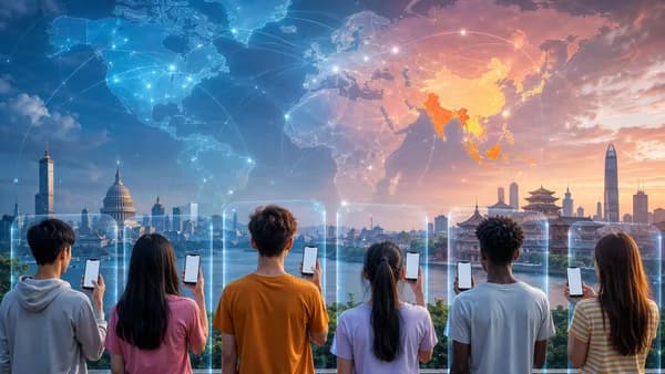 Teens with blank phones face a connected world map, symbolizing global youth social media restrictions.