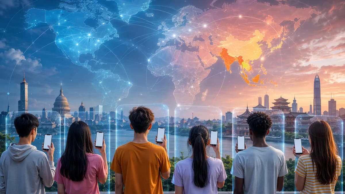 Teens with blank phones face a connected world map, symbolizing global youth social media restrictions.