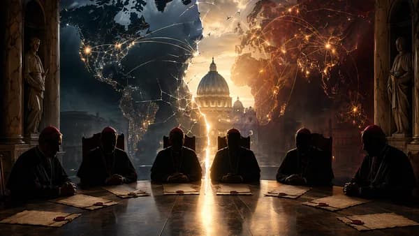 Vatican-inspired hall with bishops divided by light and global map connections