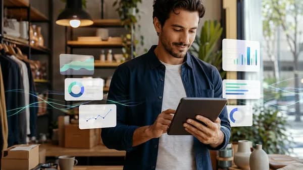 Small business owner reviewing a digital banking loan app in a modern storefront setting