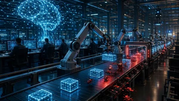 AI software factory with automated pipeline and bug-like glitches breaking through quality gates.