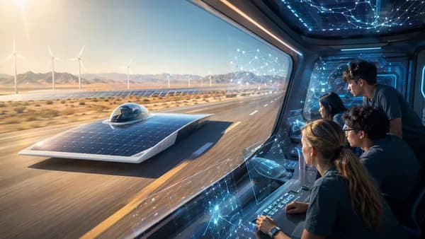 Solar race car on a sunlit Texas highway with teen engineers monitoring from a futuristic support vehicle.
