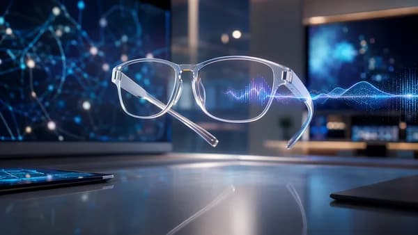 Lightweight camera-less smart glasses in a futuristic AI workspace with abstract voice interface lights.