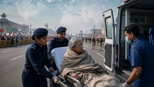 Indian hunger-strike activist escorted to ambulance near police barricades and government buildings.