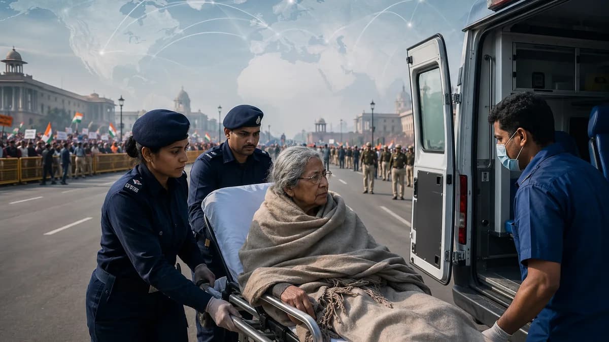 Indian hunger-strike activist escorted to ambulance near police barricades and government buildings.