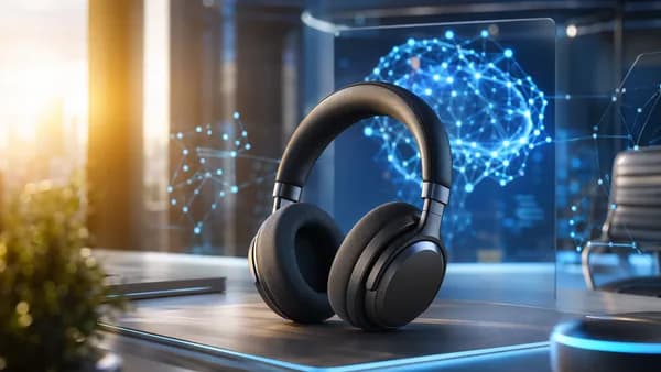 Premium wireless headphones on a futuristic tech desk with glowing AI screens and summer light.