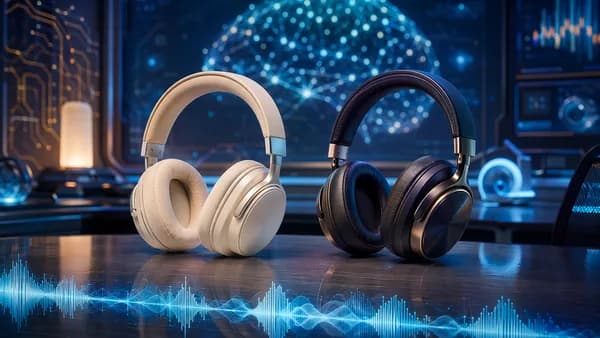 Two premium wireless headphones compared in a futuristic tech review workspace.