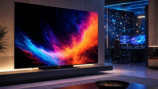 Premium RGB LED TV in a futuristic tech room with vivid color and cinematic lighting