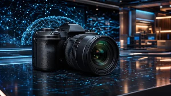 Premium superzoom camera in a futuristic tech workspace with neural network visuals and cinematic lighting