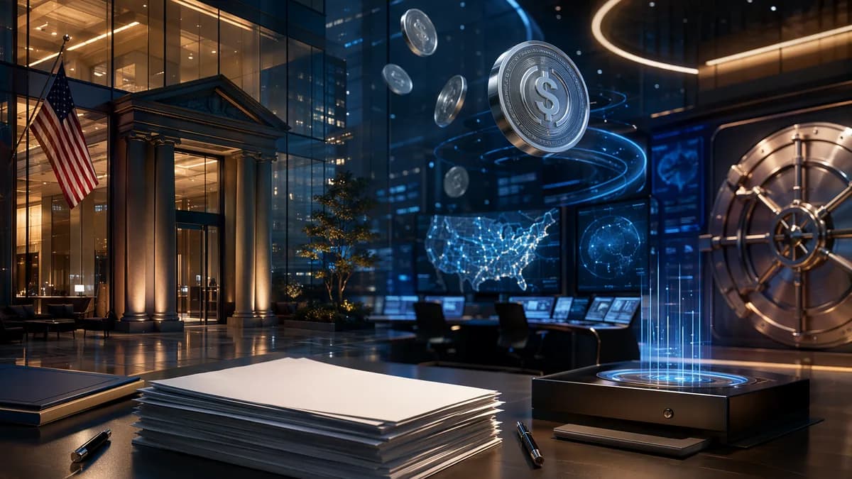 Futuristic U.S. trust bank scene with stablecoin tokens, compliance cues, and digital payment rails.