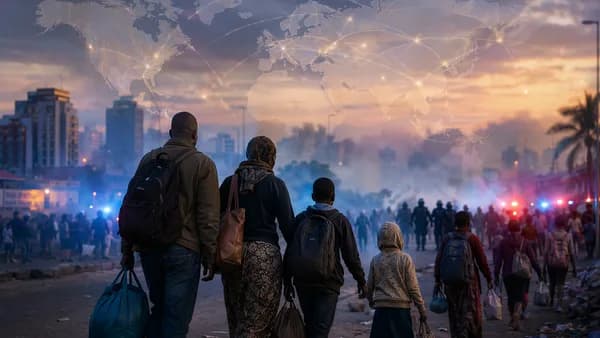 Immigrant families flee a tense Durban street as protests and global connection lines loom in the background.