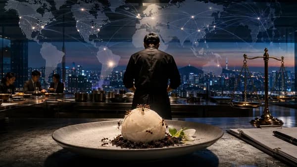 South Korean fine-dining dessert with ants under legal scrutiny and global map backdrop