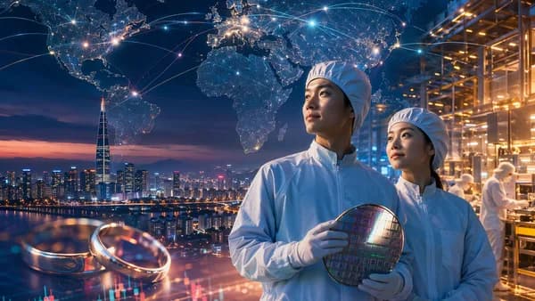 Seoul chip engineers before a glowing fab and global map, symbolizing wealth and marriage prospects.