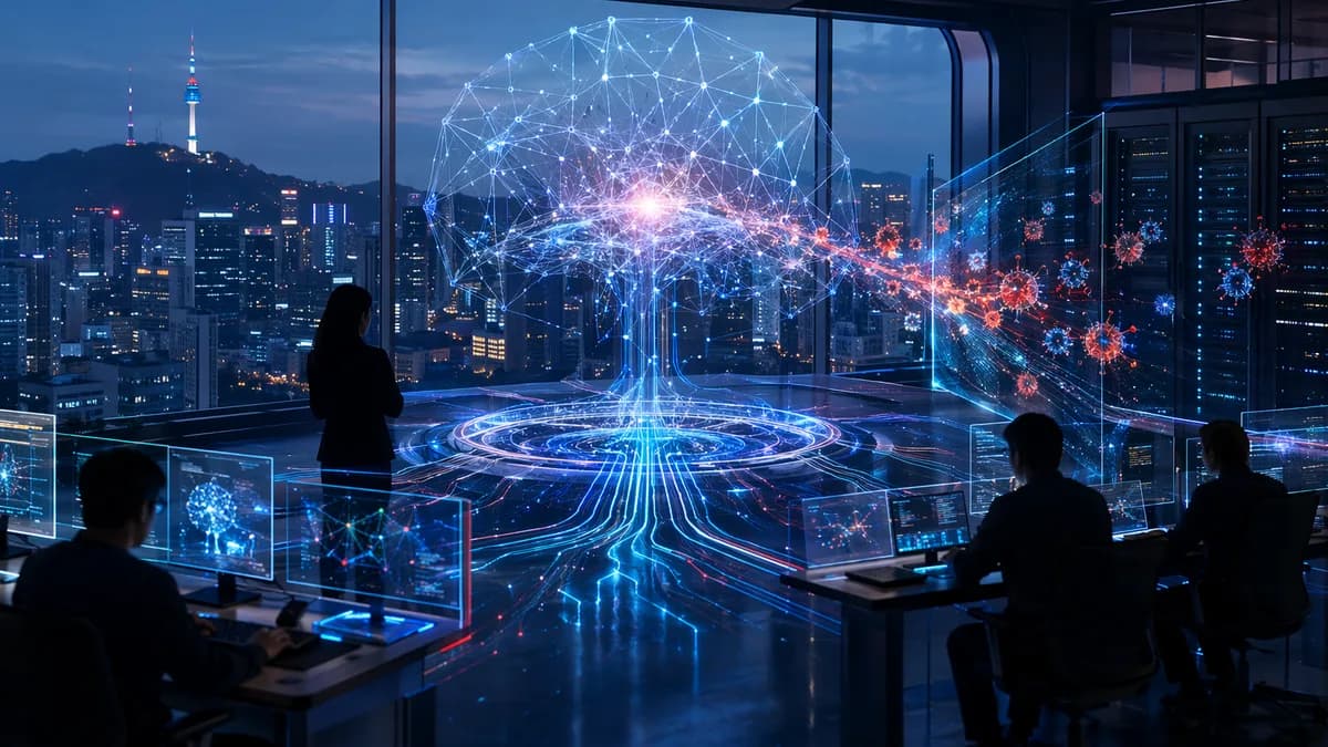 Seoul cybersecurity AI lab with neural network core detecting abstract digital bugs.