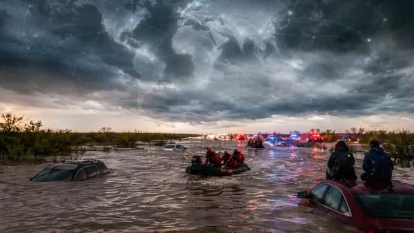 South Texas flooding strands motorists as rescue boats navigate a submerged rural highway.