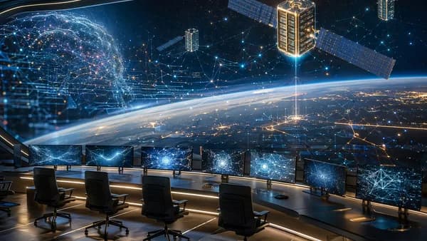 Analysts examine speculative orbital data center concepts in a futuristic AI mission control room.