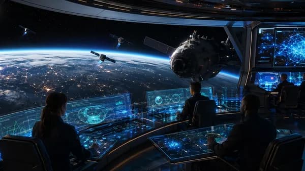 Private orbital mission control tracking satellites during a tense space encounter.