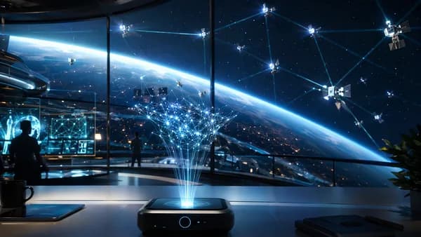 AI device in futuristic space network control room with satellites and neural data beams over Earth