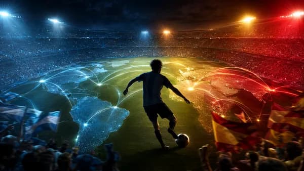 Football final concept with Spain and Argentina colors over a global map and stadium lights.