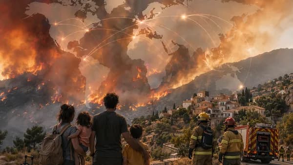 Evacuated family and responders near a Spanish wildfire with a subtle global map overlay.