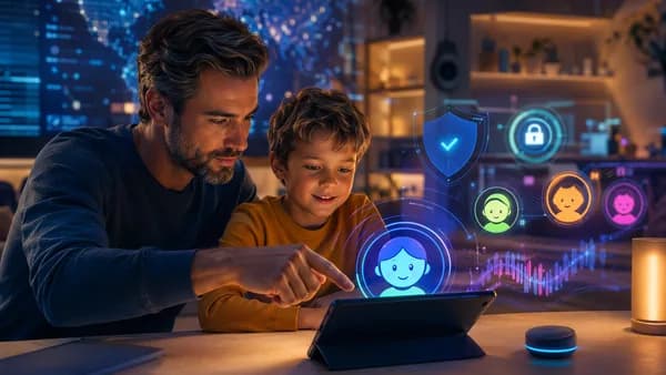 Parent manages a child-safe music streaming account in a modern connected home tech setting.