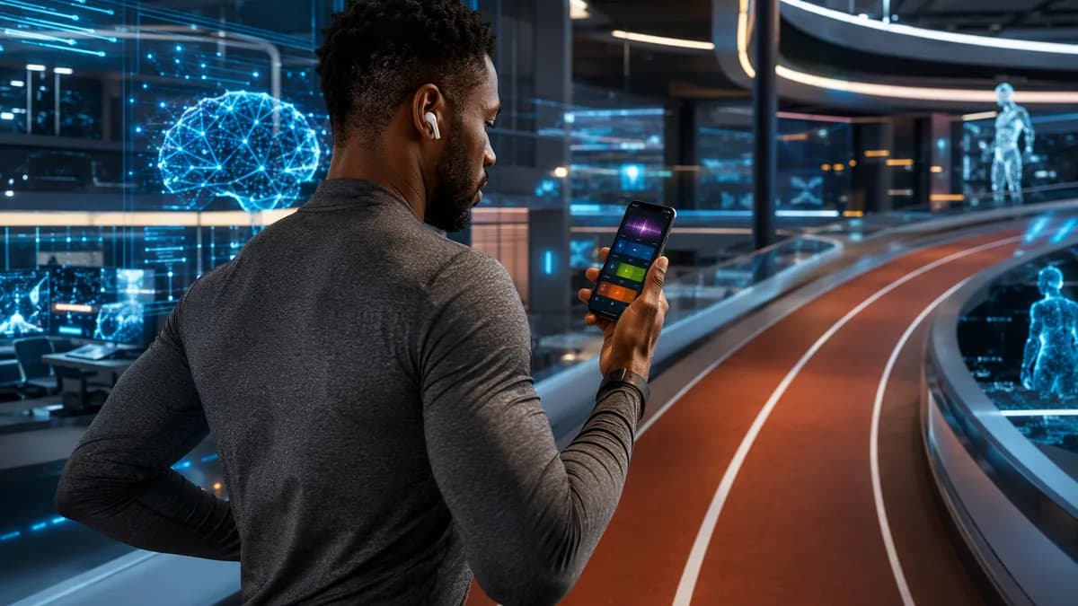 Runner with earbuds checks a music app in a futuristic tech hub with glowing audio and AI visuals.