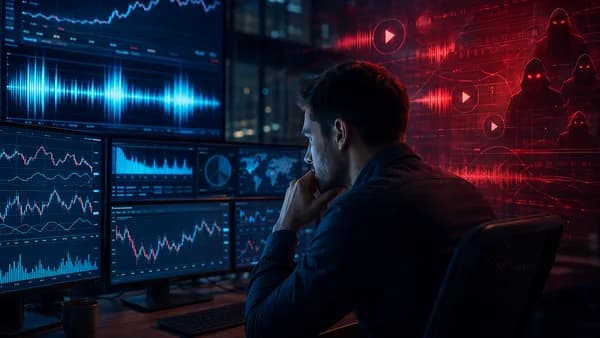 Trader monitors market charts and music stream data as fake activity is flagged in a cinematic trading room.