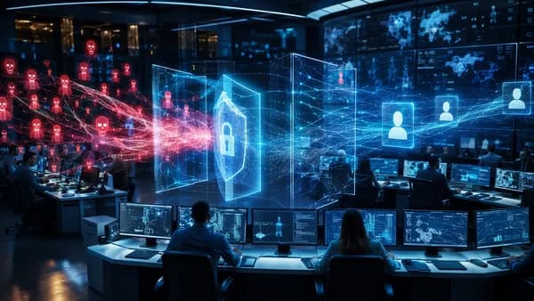 Cybersecurity shields filter bot traffic and fake users in a dark enterprise network scene.