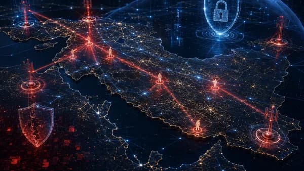 Abstract mobile network tracking over Middle East terrain with security overlays and red triangulation beams.