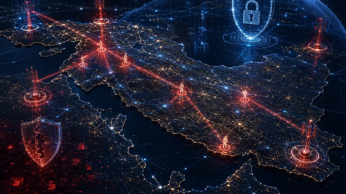 Abstract mobile network tracking over Middle East terrain with security overlays and red triangulation beams.